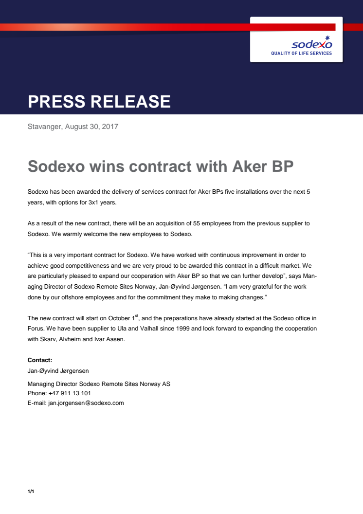 Sodexo overtar forpleiningen på alle Aker BP sine installasjoner