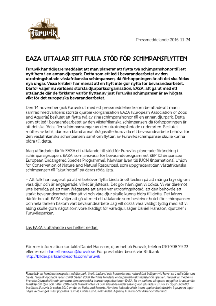 EAZA uttalar sitt fulla stöd för schimpansflytten