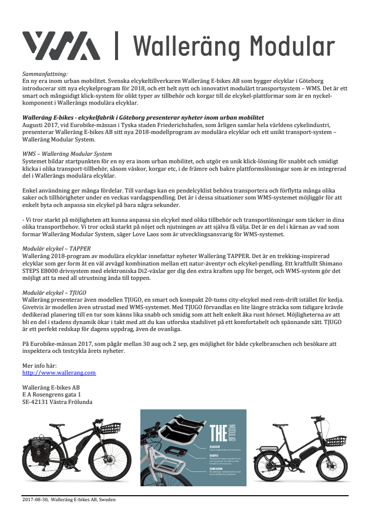 Walleräng E-bikes - elcykelfabrik i Göteborg presenterar nyheter inom urban mobilitet