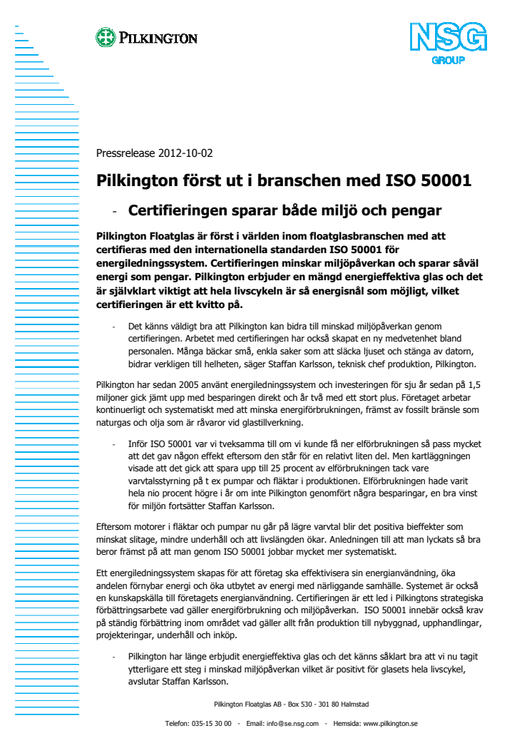 Energieffektiva glas - Pilkington först ut i branschen med ISO 50001