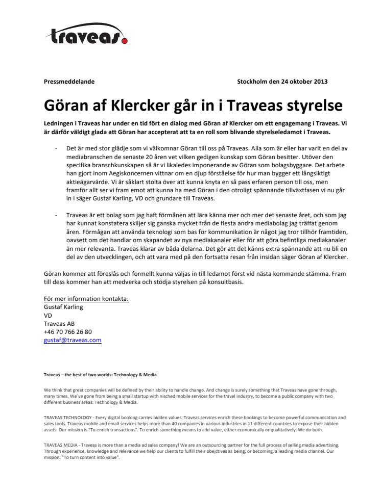 Göran af Klercker går in i Traveas styrelse
