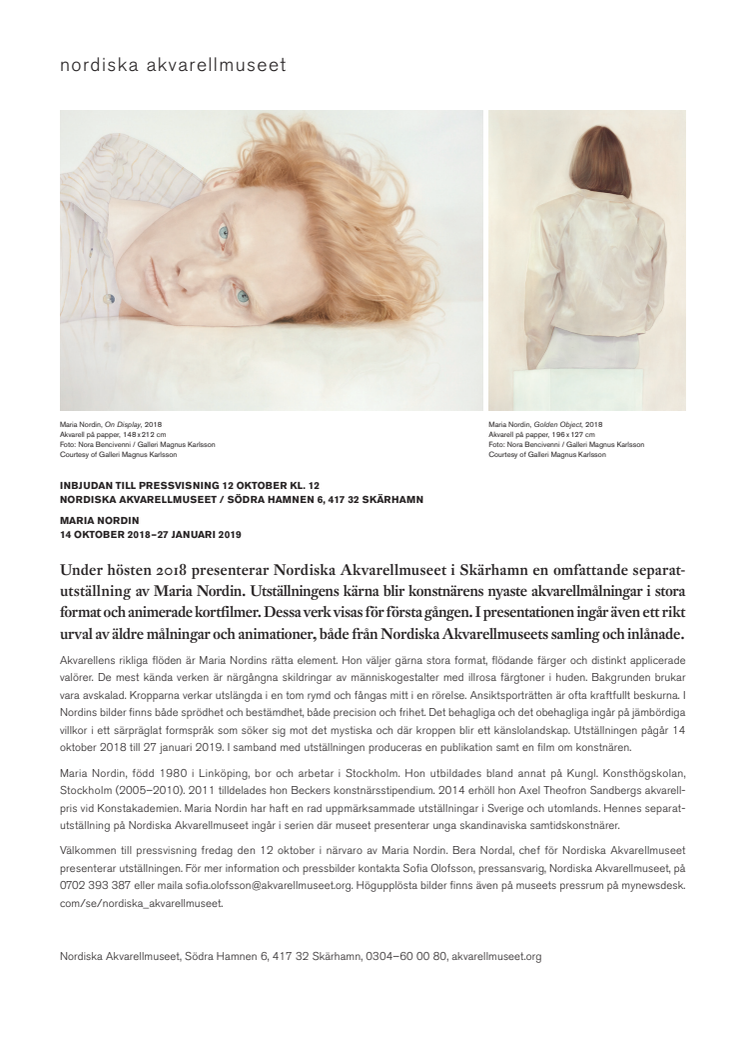 Pressvisning / Maria Nordin 12 oktober kl. 12 / Nordiska Akvarellmuseet