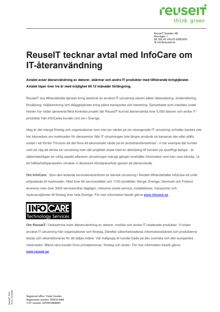 ReuseIT tecknar avtal med InfoCare om IT-återanvändning