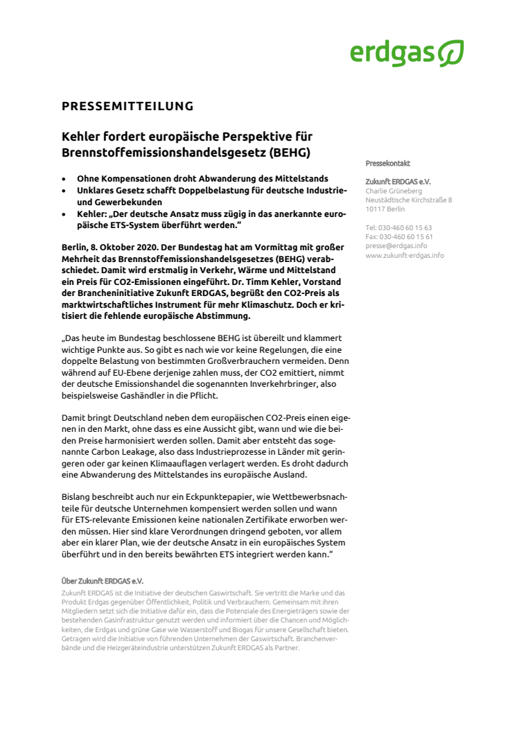 Kehler fordert europäische Perspektive für Brennstoffemissionshandelsgesetz (BEHG)