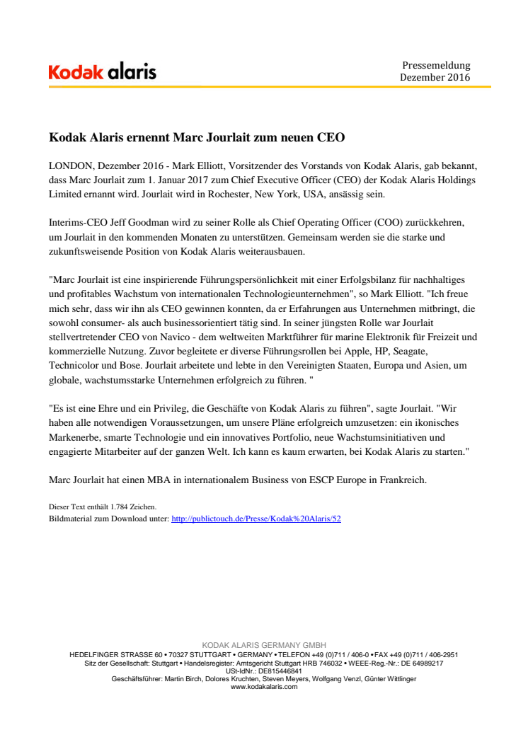 Kodak Alaris ernennt Marc Jourlait zum neuen CEO