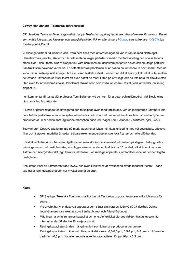 Coway 1008CH klar vinnare i Testfaktas luftrenartest