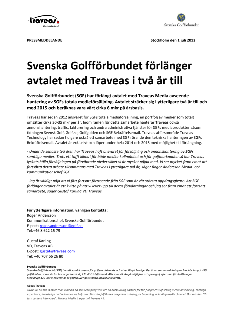 Svenska Golfförbundet förlänger avtalet med Traveas i två år till