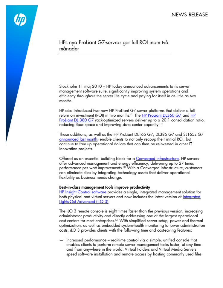 HPs nya ProLiant G7-servrar ger full ROI inom två månader