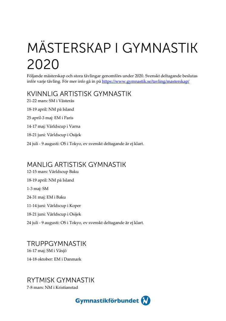 Mästerskap och världscuper Gymnastik 2020