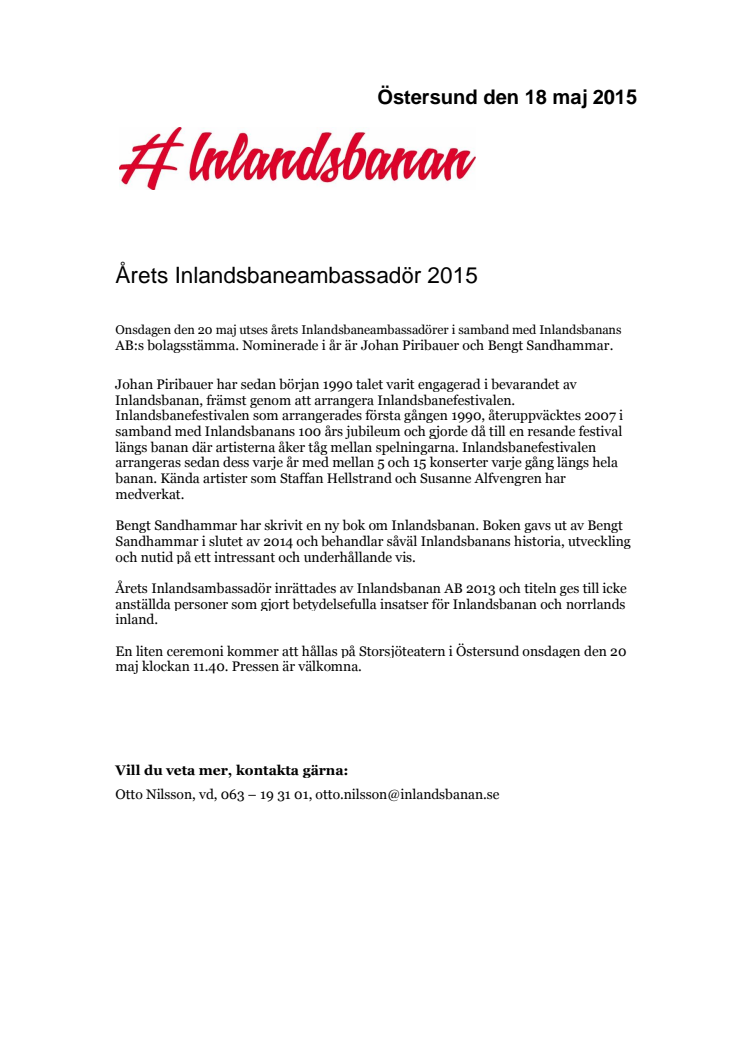 Årets Inlandsbaneambassadör 2015