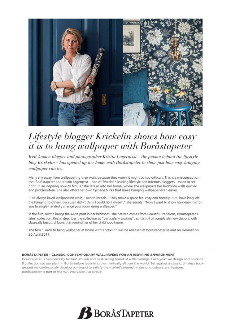 Lifestyle blogger Krickelin shows how easy it is to hang wallpaper with Boråstapeter