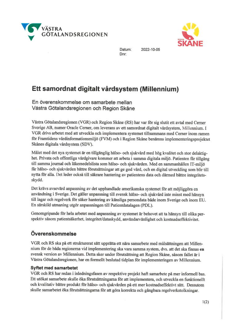 Ett samordnat digitalt vårdsystem (Millennium) 