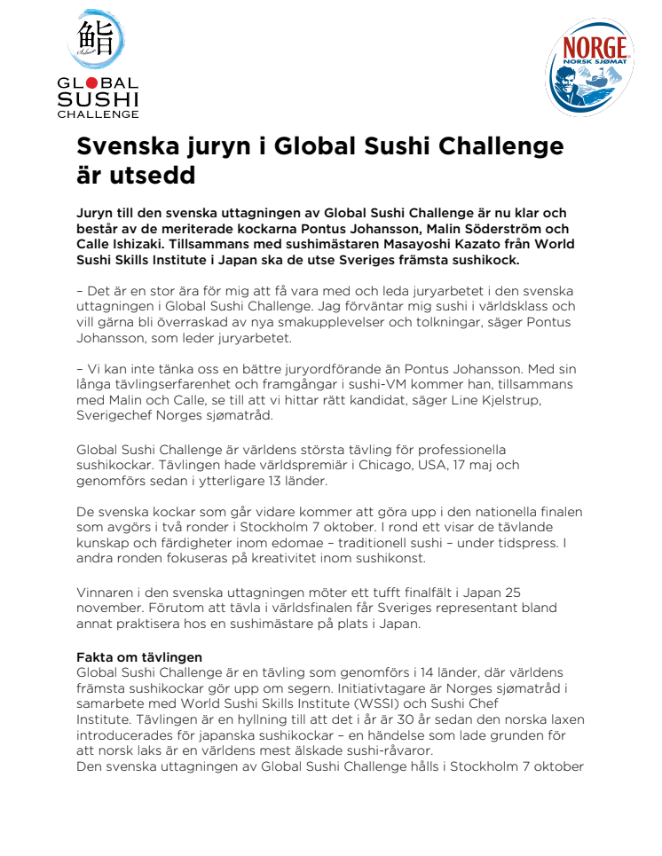Svenska juryn i Global Sushi Challenge är utsedd  