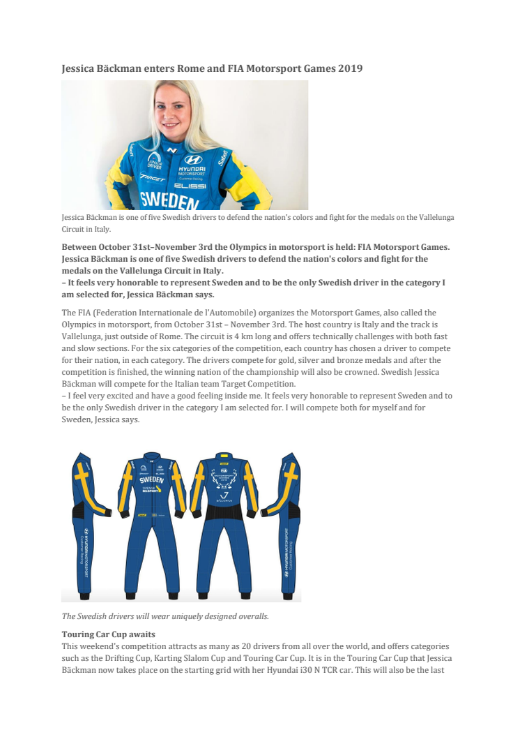 Jessica Bäckman enters Rome and FIA Motorsport Games 2019