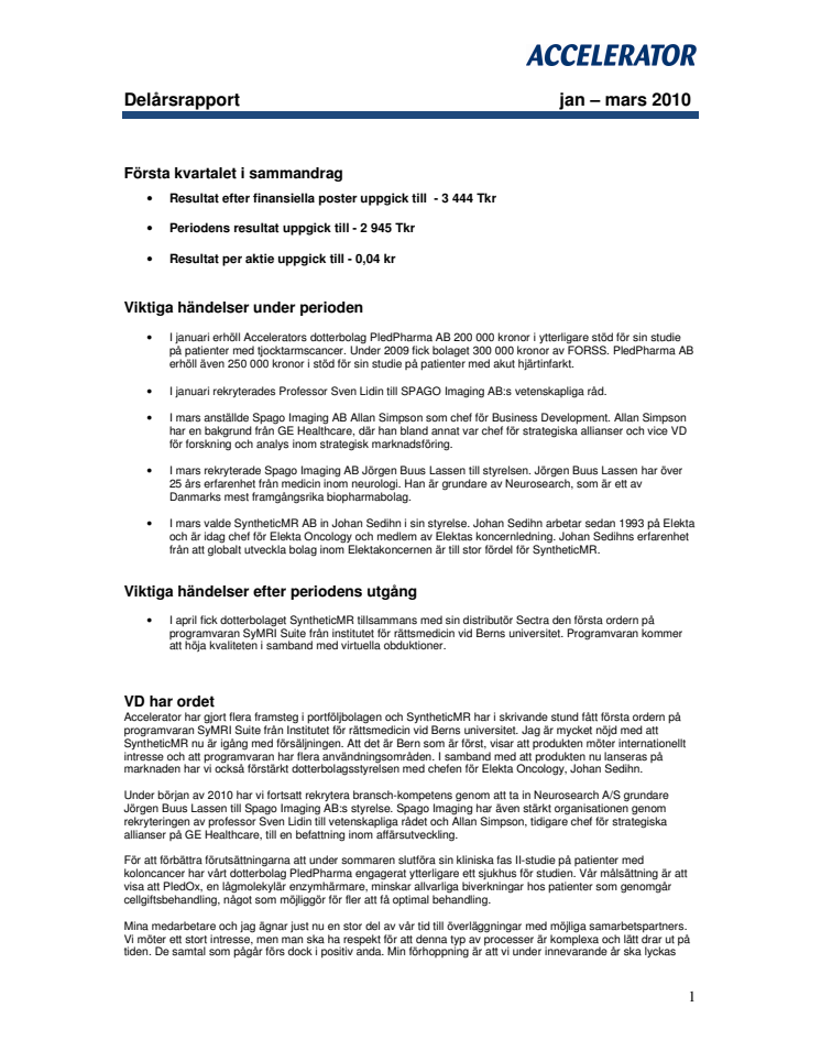 Delårsrapport jan-mars 2010