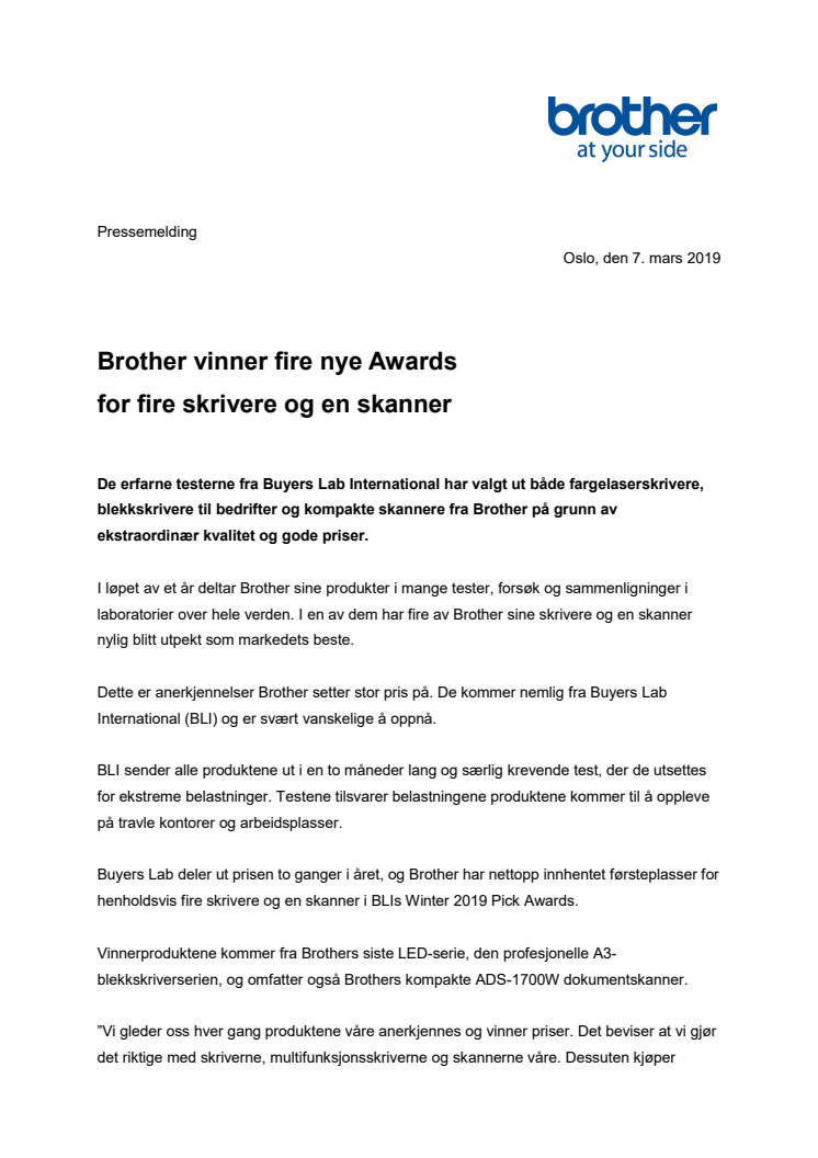 Brother vinner fire nye Awards  for fire skrivere og en skanner