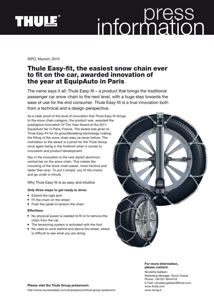 Thule Easy-fit, the easiest snow chain ever to fit on the car, awarded innovation of the year at EquipAuto in Paris
