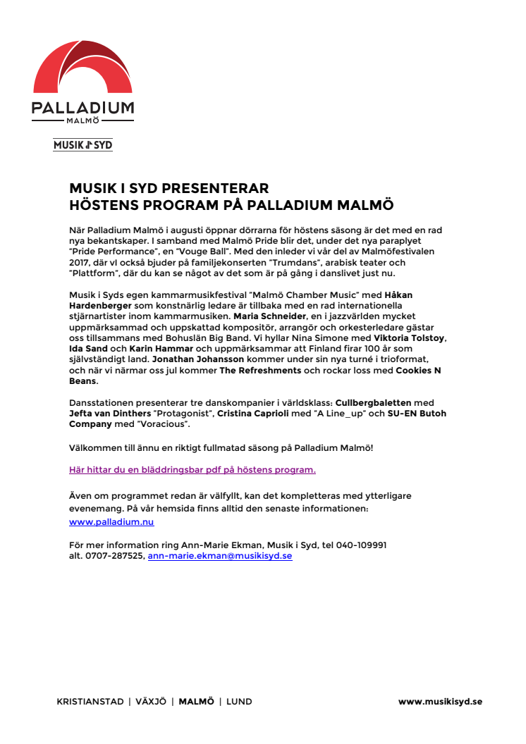 Musik i Syd presenterar höstens program på Palladium Malmö