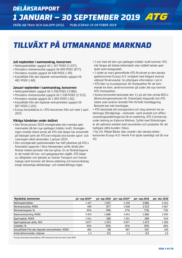 ATG Delårsrapport Q3 2019