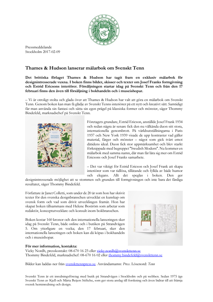 Thames & Hudson lanserar målarbok om Svenskt Tenn
