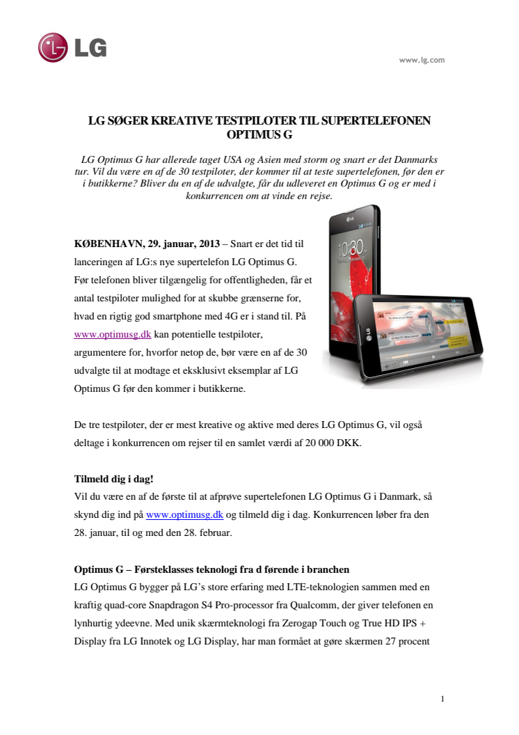 LG SØGER KREATIVE TESTPILOTER TIL SUPERTELEFONEN OPTIMUS G