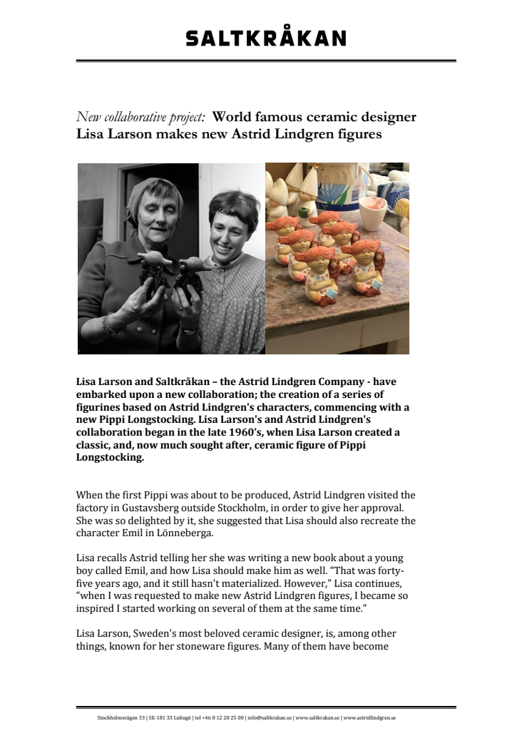 New collaborative project:  World famous ceramic designer Lisa Larson makes new Astrid Lindgren figures