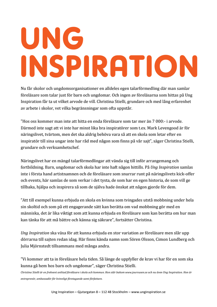 Nu öppnar Ung Inspiration - en talarförmedling bara för barn och ungdomar