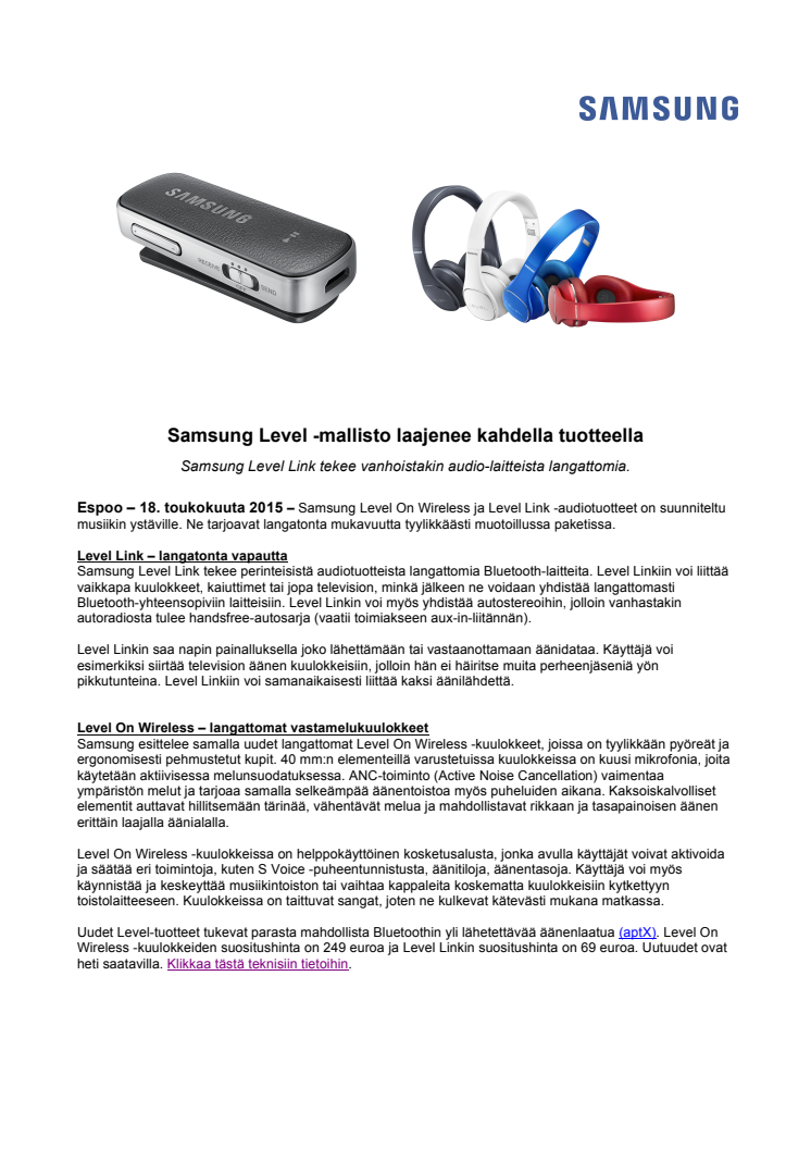 Samsung Level -mallisto laajenee kahdella tuotteella