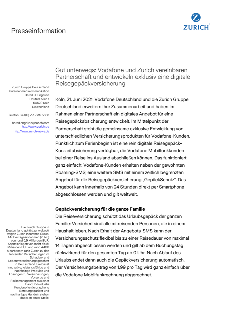 Gut unterwegs: Vodafone und Zurich vereinbaren Partnerschaft und entwickeln exklusiv eine digitale Reisegepäckversicherung 