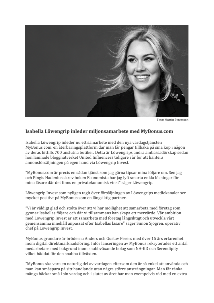 Isabella Löwengrip i miljonsamarbete med MyBonus.com