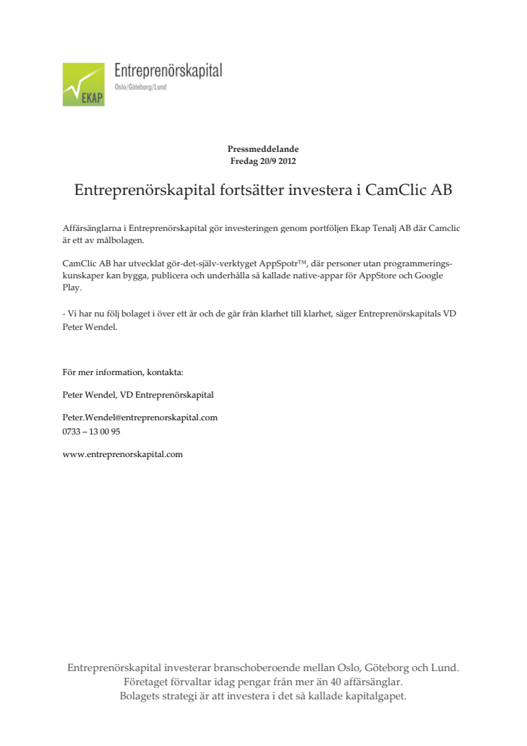 Entreprenörskapital fortsätter investera i CamClic AB  