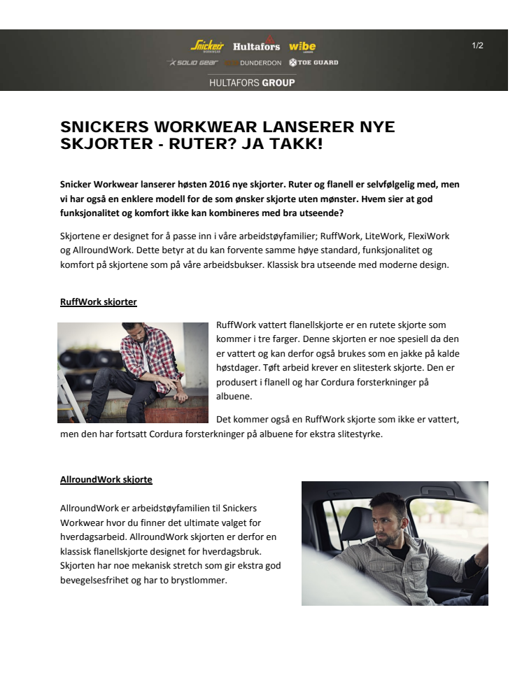 SNICKERS WORKWEAR LANSERER NYE SKJORTER