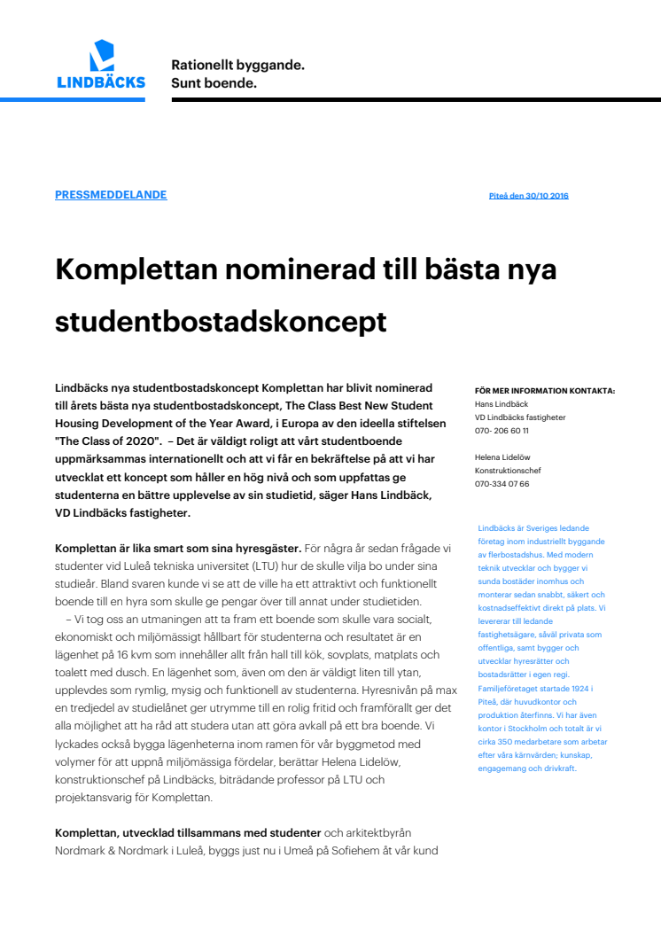 Lindbäcks Kompletta nominerad till årets bästa nya studentbostadskoncept