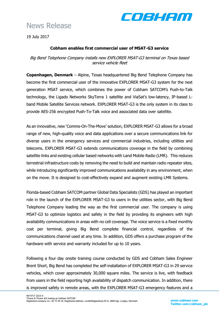 Cobham SATCOM: Cobham enables first commercial user of MSAT-G3 service 