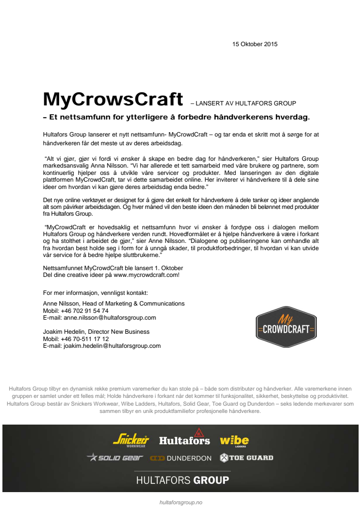 Hultafors Group lanserer nytt nettsamfunn - MyCrowdCraft