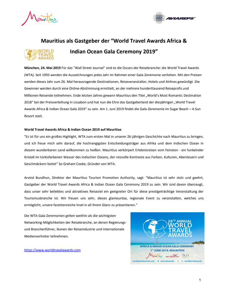 Pressemitteilung_Mauritius Gastgeber der World Travel Award Africa  Indian Ocean 2019