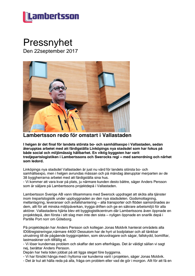 Lambertsson redo för omstart i Vallastaden