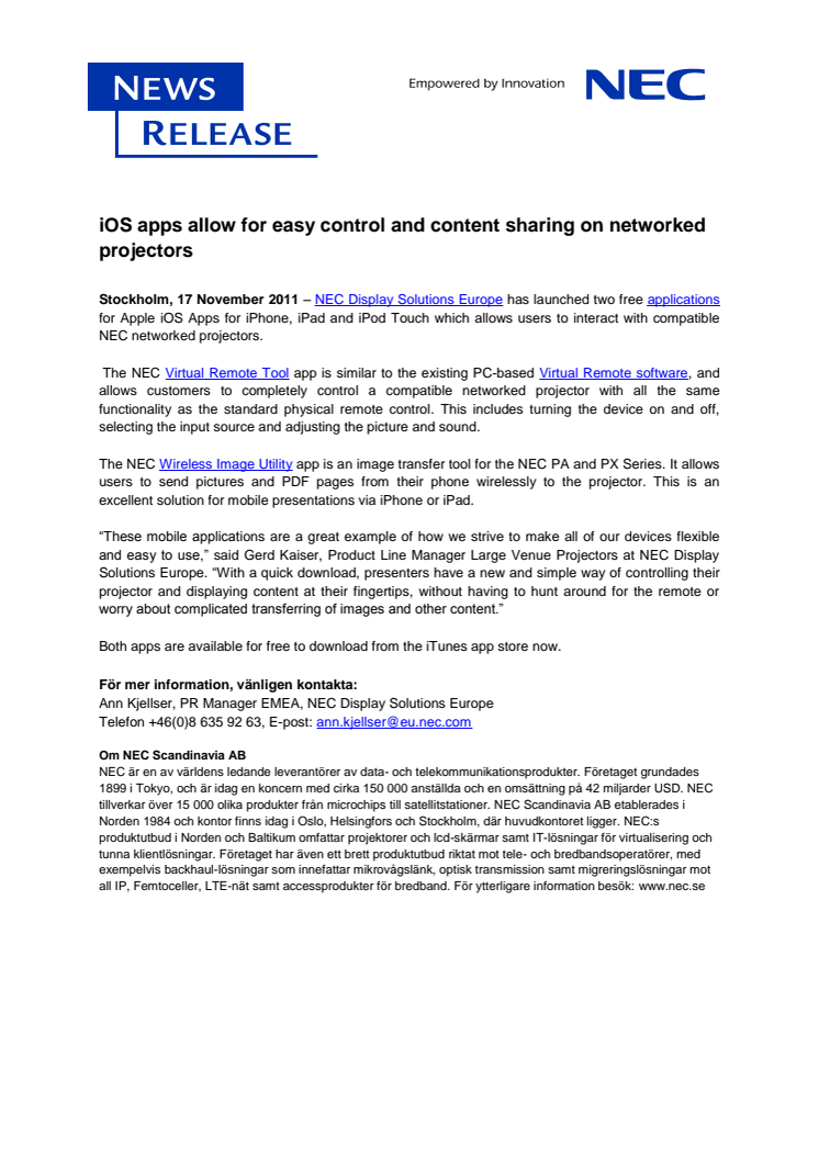 iOS apps allow for easy control and content sharing on networked projectors