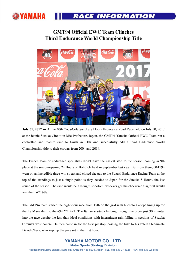 GMT94 Official EWC Team Clinches Third Endurance World Championship Title