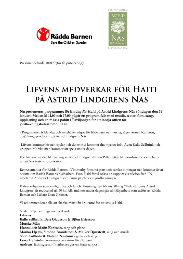 Lifvens medverkar för Haiti på Astrid Lindgrens Näs 