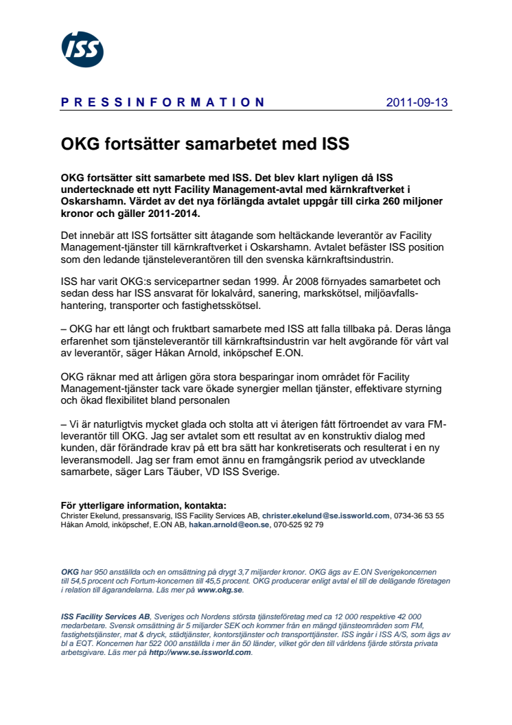 OKG fortsätter samarbetet med ISS 
