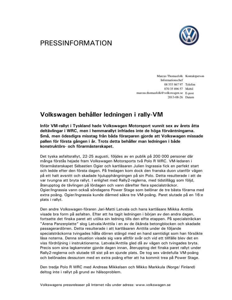 Volkswagen behåller ledningen i rally-VM 