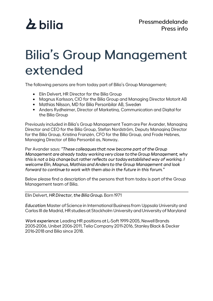 Bilia’s Group Management extended