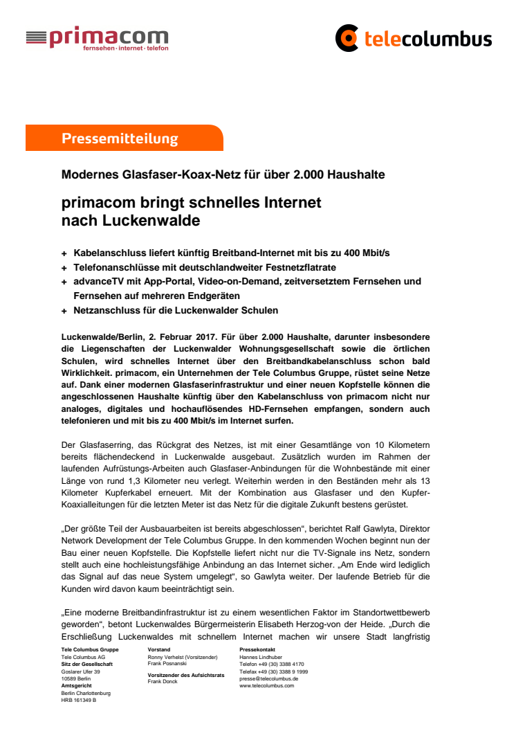 primacom bringt schnelles Internet  nach Luckenwalde
