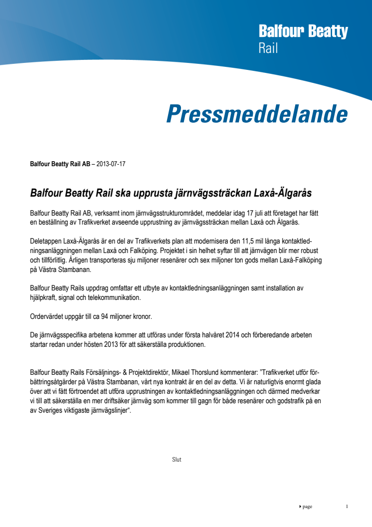 Balfour Beatty Rail ska upprusta järnvägssträckan Laxå-Älgarås