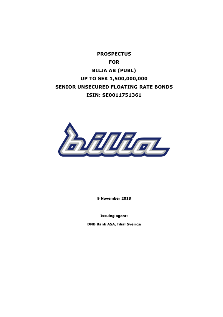 Bilia AB (publ) publishes prospectus and prepares for listing of a bond on Nasdaq Stockholm