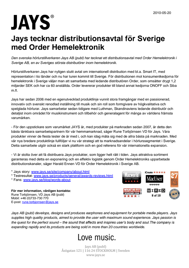 Jays tecknar distributionsavtal för Sverige med Order Hemelektronik