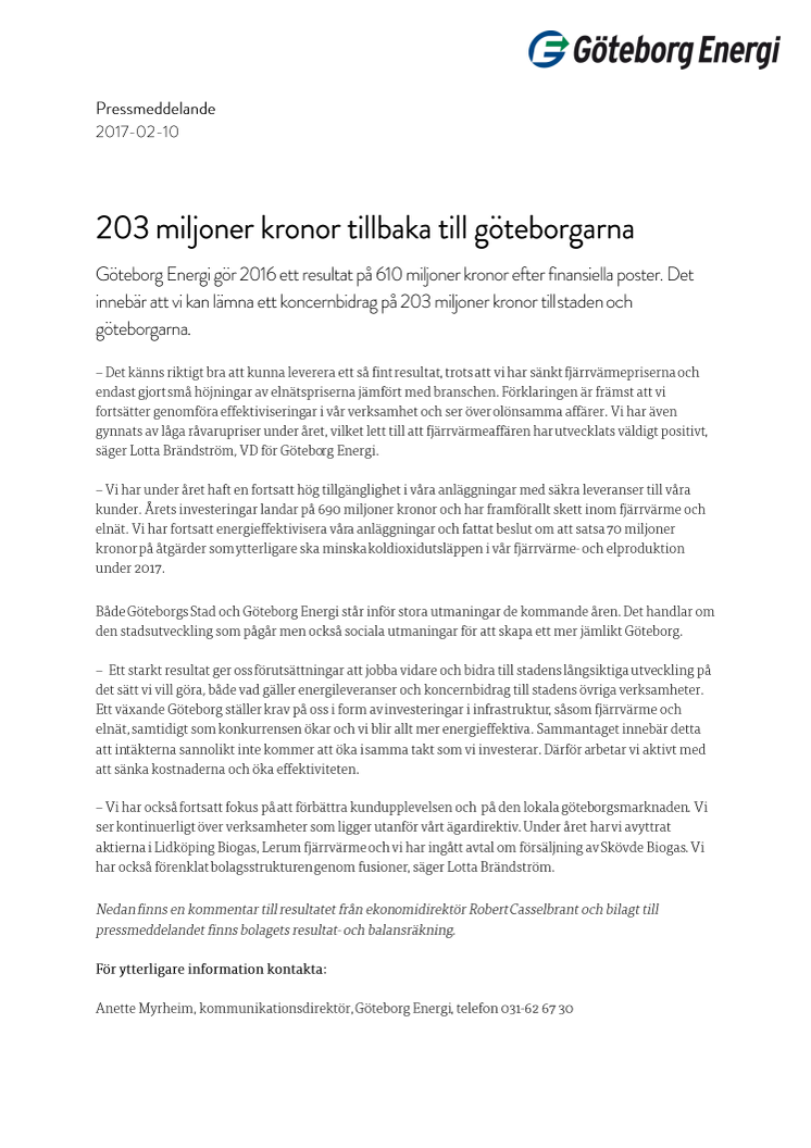 203 miljoner kronor tillbaka till göteborgarna