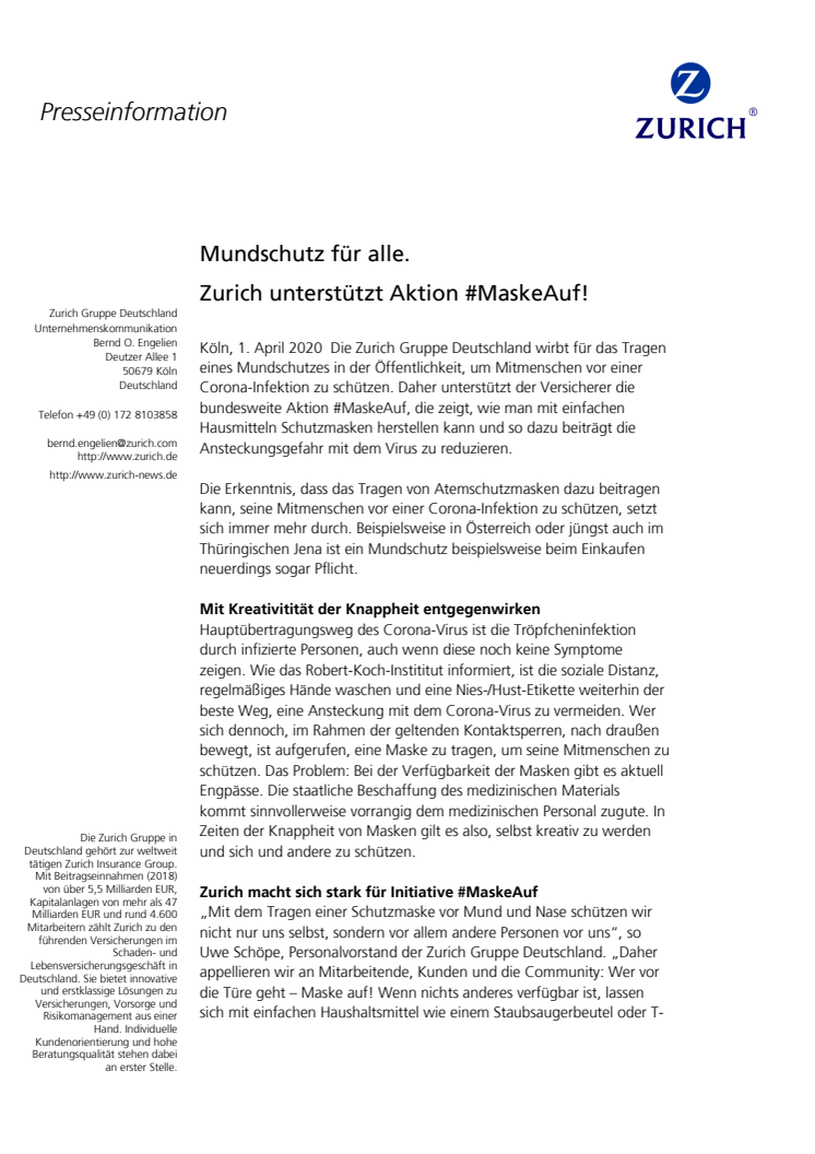 Mundschutz für alle. Zurich unterstützt Aktion #MaskeAuf!