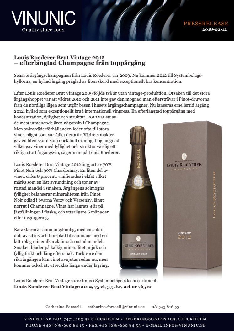 Louis Roederer Brut Vintage 2012 – efterlängtad champagne från toppårgång